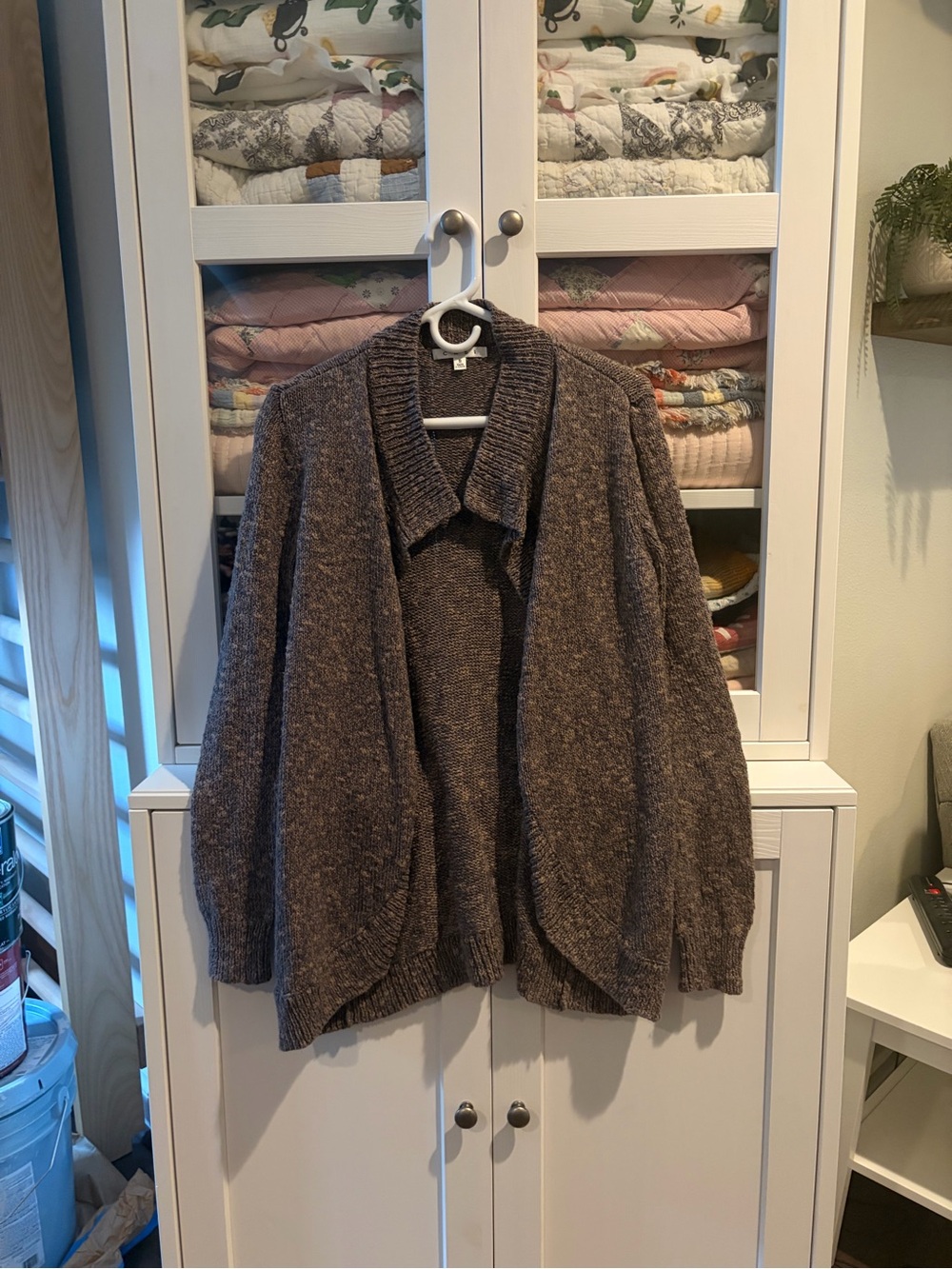 CAbi Brown Open-Front Shawl Collar Cardigan